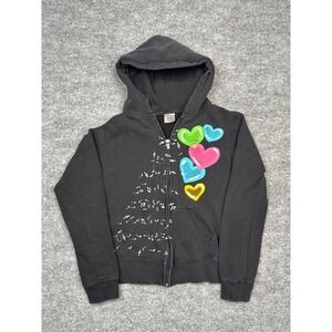APX Independent Trading Co Black Zip Up Hoodie Music Notes Hearts Graphic Mens M